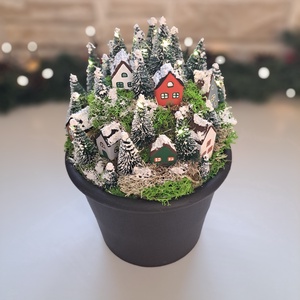 Karácsonyi asztaldísz - színes téli falu cserépben - Meska.hu