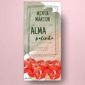 Alma pálinka - öntapadós üveg címke - vízfesték foltokkal és festett piros almákkal - élelmiszer - alkoholos italok - Meska.hu