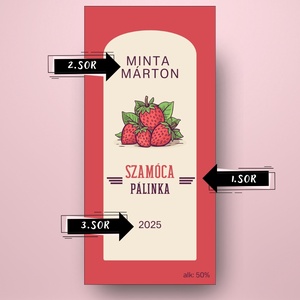 Szamóca pálinka - öntapadós üveg címke - piros alapon szamócacsokorral - élelmiszer - alkoholos italok - Meska.hu