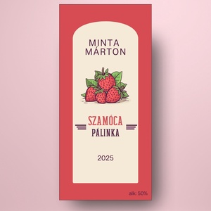 Szamóca pálinka - öntapadós üveg címke - piros alapon szamócacsokorral - élelmiszer - alkoholos italok - Meska.hu