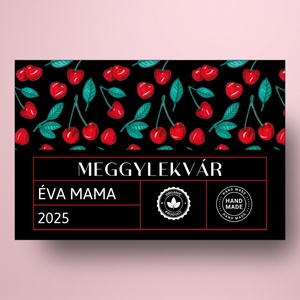 Meggylekvár - öntapadós üveg címke - fekete alapon meggyekkel és információs blokkal - élelmiszer - lekvár - Meska.hu