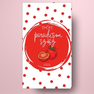 Paradicsomszósz - öntapadós üveg címke - pöttyös alapon festett paradicsommal - élelmiszer - szósz & mártogatós - Meska.hu