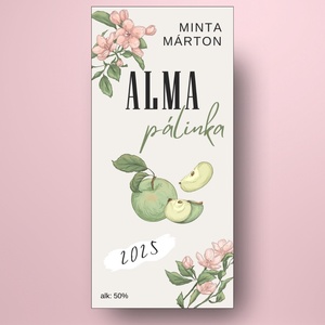 Alma pálinka - öntapadós üveg címke - virágokkal és rajzolt zöld almával - élelmiszer - alkoholos italok - Meska.hu