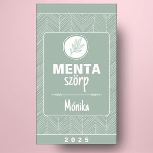 Mentaszörp - öntapadós üveg címke -  zöld alapon fehér vonalrajzokkal  - élelmiszer - szörp - Meska.hu