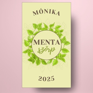 Mentaszörp - öntapadós üveg címke -  mentalevél koszorúval - élelmiszer - szörp - Meska.hu