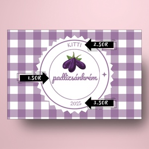 Padlizsánkrém - öntapadós üveg címke - lila kockás textil hatással - élelmiszer - befőtt - Meska.hu