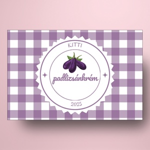 Padlizsánkrém - öntapadós üveg címke - lila kockás textil hatással - élelmiszer - befőtt - Meska.hu