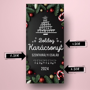 Karácsonyi üveg címke  - fekete alapon fenyőlevelekkel -  - Meska.hu