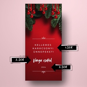 Karácsonyi üveg címke  - piros alapon fenyőlevelekkel és gömbökkel - élelmiszer - öntapadós címke - Meska.hu