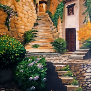 Mediterrán lépcsők, Művészet, Festmény, Olajfestmény, Festészet, 60x30 cm, olaj, vászon, 2022 

A festmény keret nélküli, de így azonnal a falra tehető.
Felülete se..., MESKA