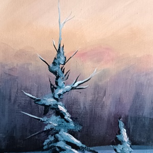 Téli fenyves naplementében - művészet - festmény - akril - Meska.hu