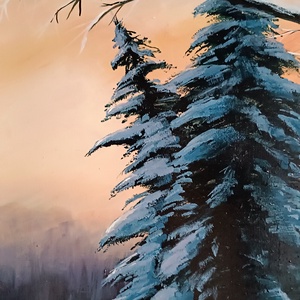 Téli fenyves naplementében - művészet - festmény - akril - Meska.hu