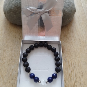 Lapis lazuli, szelenit és lávakő ásványgyöngy karkötő - ékszer - karkötő - ásványkarkötő - Meska.hu