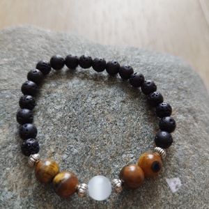 Tigrisszem, szelenit és lávakő ásványgyöngy karkötő - ékszer - karkötő - ásványkarkötő - Meska.hu