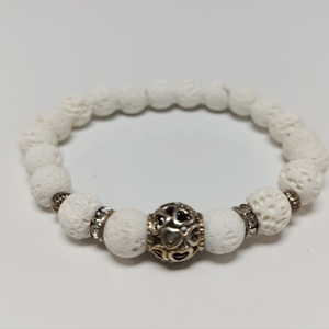 Fehér lávakő karkötő tibeti gömbbel, Ékszer, Karkötő, Ásványkarkötő, Ékszerkészítés, MESKA