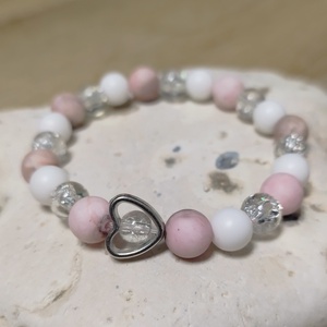 ANGYALI SUTTOGÁS rózsaszín zebrajáspis, achát és kristály ásványgyöngy karkötő díszdobozban  - Meska.hu