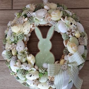 Húsvéti kopogtató pöttyös nyuszival, Ünnepi díszek, dekorációk, Húsvéti díszek és dekorációk, Húsvéti ajtódísz, kopogtató, , MESKA