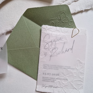 Dombornyomott, merített papírra készült esküvői meghívó, pauszpapírral , Esküvő, Meghívó & Kártya, Meghívó, Papírművészet, MESKA