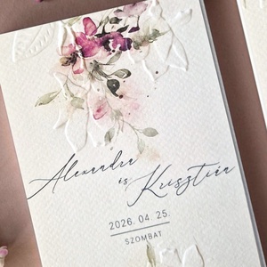 Akvarell virágokkal díszített esküvői meghívó, dombornyomva, Esküvő, Meghívó & Kártya, Menü, Fotó, grafika, rajz, illusztráció, MESKA