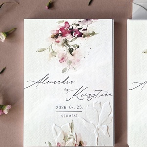 Akvarell virágokkal díszített esküvői meghívó, dombornyomva - esküvő - meghívó & kártya - menü - Meska.hu
