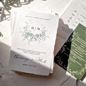 GREENERY Esküvői meghívó, zöld apró levelekkel, merített papíron - esküvő - meghívó & kártya - meghívó - Meska.hu