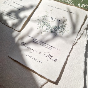 GREENERY Esküvői meghívó, zöld apró levelekkel, merített papíron - esküvő - meghívó & kártya - meghívó - Meska.hu