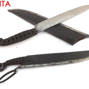 Bőrmarkolatos damaszkolt kosfejes kés duplacsavart damaszk pengével, [Kb_04b] - otthon & életmód - konyhafelszerelés, tálalás - sütés, főzés - kés & késtartó - Meska.hu
