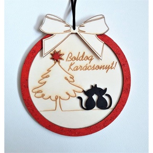 Karácsonyi cicás fa ajtódísz - Boldog karácsonyt!, Karácsony, Karácsonyi lakásdekoráció, Karácsonyi ajtódíszek, Gravírozás, pirográfia, Famegmunkálás, MESKA