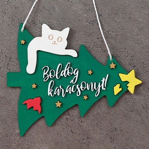 Karácsonyi ajtódísz - cica fenyővel - Meska.hu