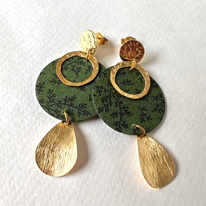 Spenótzöld ágacska mintás textilfülbevaló aranyozott nemesacél kiegészítőkkel, Ékszer, Fülbevaló, Lógó fülbevaló, Ékszerkészítés, MESKA