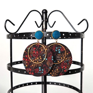 Őszies, mintás barna-türkiz nagyméretű textilfülbevaló aranyozott nemesacél alkatrészekkel, Ékszer, Fülbevaló, Lógó fülbevaló, Ékszerkészítés, MESKA