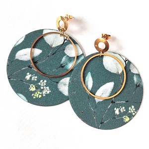 Pasztell szürkés türkiz levélmintás nagyméretű textilfülbevaló aranyozott nemesacél bedugós résszel, Ékszer, Fülbevaló, Lógó fülbevaló, Ékszerkészítés, MESKA