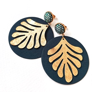 Sötétzöld nagyméretű textilfülbevaló aranyozott nemesacél alkatrészekkel, Ékszer, Fülbevaló, Lógó fülbevaló, Ékszerkészítés, MESKA