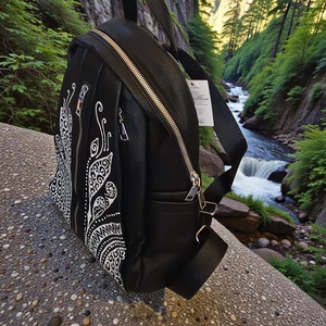 Fekete műbőr hátitáska. Az elején kézzel festett, egyedi mintával - táska & tok - hátizsák - hátizsák - Meska.hu