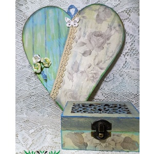 Szív és ládika garnitúra, Otthon & Életmód, Dekoráció, Ajtó- és ablak dekoráció, Ajtódísz & Kopogtató, Decoupage, transzfer és szalvétatechnika, Mindenmás, MESKA