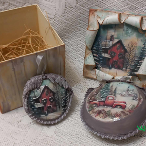 Karácsonyfa díszek dobozban country stílusban, Karácsony, Karácsonyi lakásdekoráció, Karácsonyfadíszek, Decoupage, transzfer és szalvétatechnika, Mindenmás, MESKA