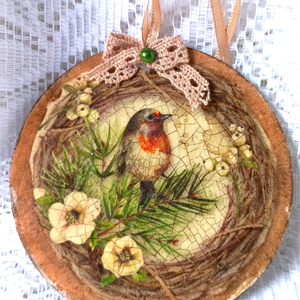 Madárka vesszőkoszorúban függődísz, Otthon & Életmód, Dekoráció, Fali és függő dekoráció, Függődísz, Decoupage, transzfer és szalvétatechnika, Festett tárgyak, MESKA