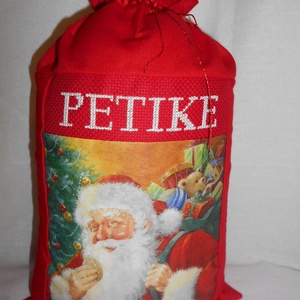 Egyedi, névre szóló Mikulászsák, Karácsony, Mikulás, Mikulás zsák, zokni, csizma, Decoupage, transzfer és szalvétatechnika, Hímzés, Meska