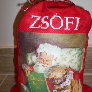 Mikulászsák, névre szóló, egyedi, Karácsony, Mikulás, Mikulás zsák, zokni, csizma, Decoupage, transzfer és szalvétatechnika, Hímzés, Meska