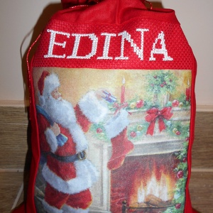 Egyedi, névre szóló Mikulászsák, Karácsony, Mikulás, Mikulás zsák, zokni, csizma, Decoupage, transzfer és szalvétatechnika, Hímzés, Meska