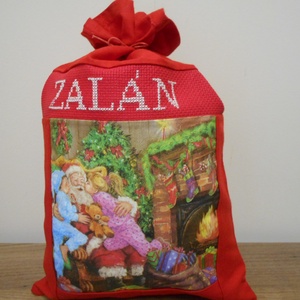 Mikulászsák, névre szóló, egyedi, Karácsony, Mikulás, Mikulás zsák, zokni, csizma, Decoupage, transzfer és szalvétatechnika, Hímzés, Meska