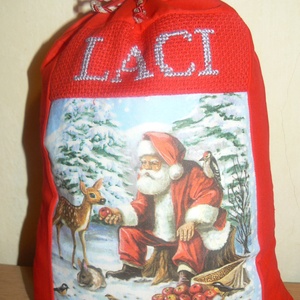 Egyedi, névre szóló Mikulászsák, Karácsony, Mikulás, Mikulás zsák, zokni, csizma, Decoupage, transzfer és szalvétatechnika, Hímzés, MESKA