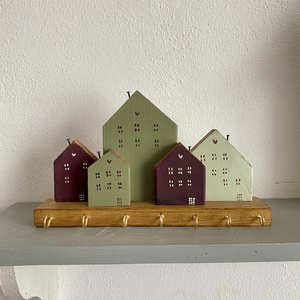 Fali kulcstartó olíva, menta, bordó házikókkal - otthon & életmód - dekoráció - fali és függő dekoráció - fali kulcstartó - Meska.hu