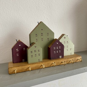 Fali kulcstartó olíva, menta, bordó házikókkal - otthon & életmód - dekoráció - fali és függő dekoráció - fali kulcstartó - Meska.hu