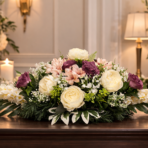 Elegáns rózsás sírdísz � kegyeleti virágkompozíció krém és bordó virágokkal - otthon & életmód - vallás - temetkezési tárgy - sírdísz, kegyeleti dísz - Meska.hu