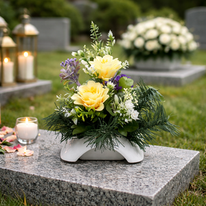  Tavaszi hangulatú temetői dísz sárga és lila virágokkal - otthon & életmód - vallás - temetkezési tárgy - sírdísz, kegyeleti dísz - Meska.hu