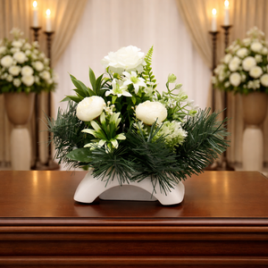 Fehér temetői dísz zöld kiegészítőkkel, Otthon & Életmód, Vallás, Temetkezési tárgy, Sírdísz, kegyeleti dísz, Virágkötés, MESKA