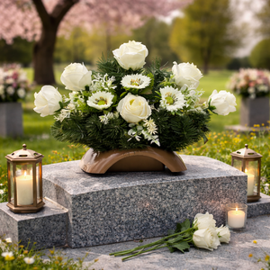 Fehér, letisztult sírdísz művirágokkal - Meska.hu