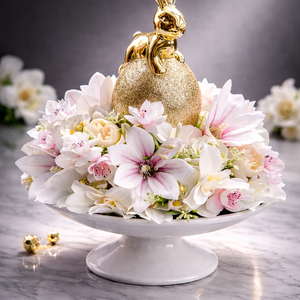 Arany nyuszis húsvéti asztaldísz virágkompozícióval, Ünnepi díszek, dekorációk, Húsvéti díszek és dekorációk, Húsvéti asztaldíszek, Virágkötés, MESKA