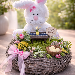 Nyuszis húsvéti asztaldísz gallykoszorúban :: kézzel készült tavaszi dekoráció, Ünnepi díszek, dekorációk, Húsvéti díszek és dekorációk, Húsvéti asztaldíszek, Varrás, MESKA